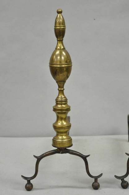 Antique English Federal Brass Branch Leg Cast Iron Fireplace Andirons - a Pair