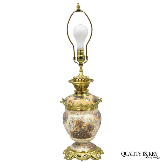 Vintage French Victorian Paint Decorated Porcelain & Brass Parlor Table Lamp
