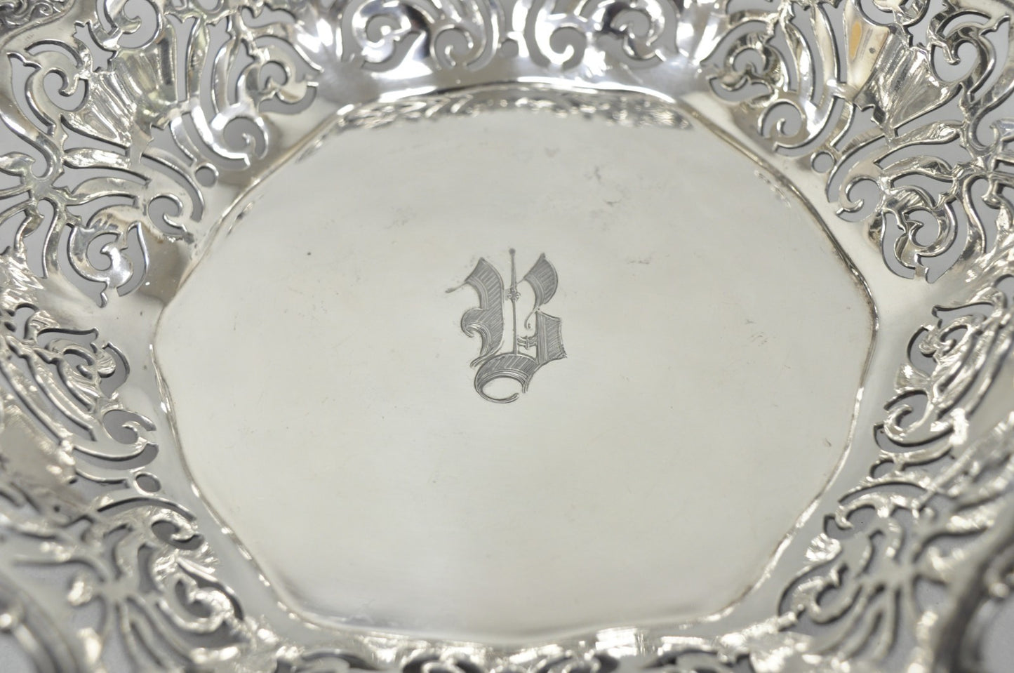 Antique Reed & Barton Reticulated Silver Plated Trinket Dish Bowl "B" Monogram