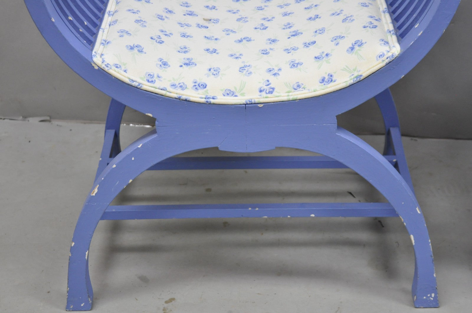 Vintage Hollywood Regency Italian Style Blue Curule X-Frame Arm Chair - a Pair