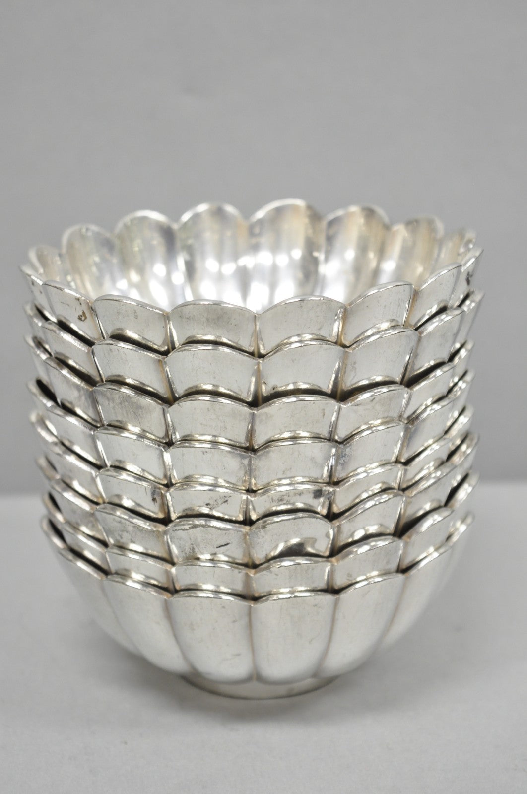 Vintage Regency Style Silver Plated Scalloped Stacking Nut Dish Bowl - Set of 8