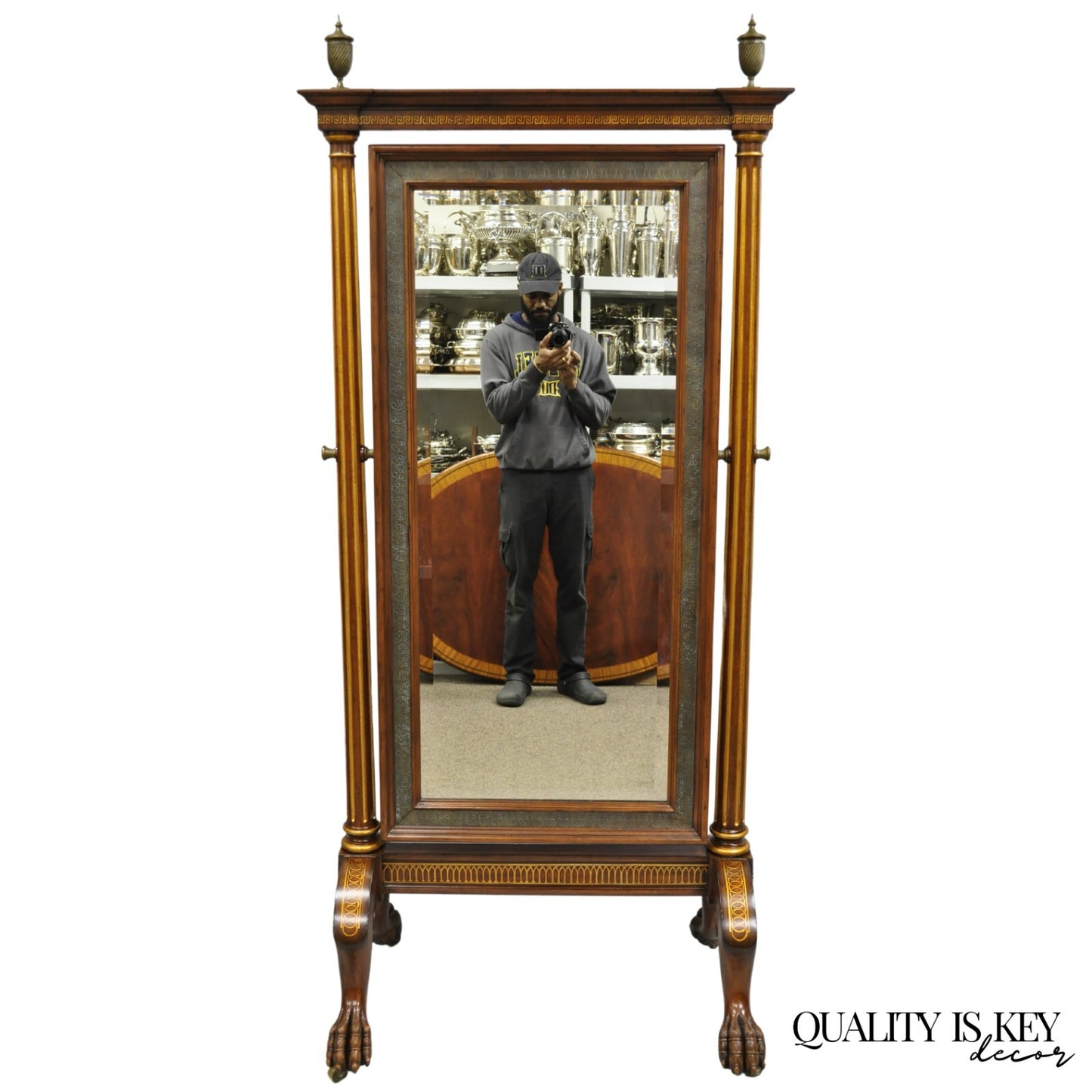 Maitland Smith French Empire Style Mahogany Paw Foot Tall Dressing Cheval Mirror