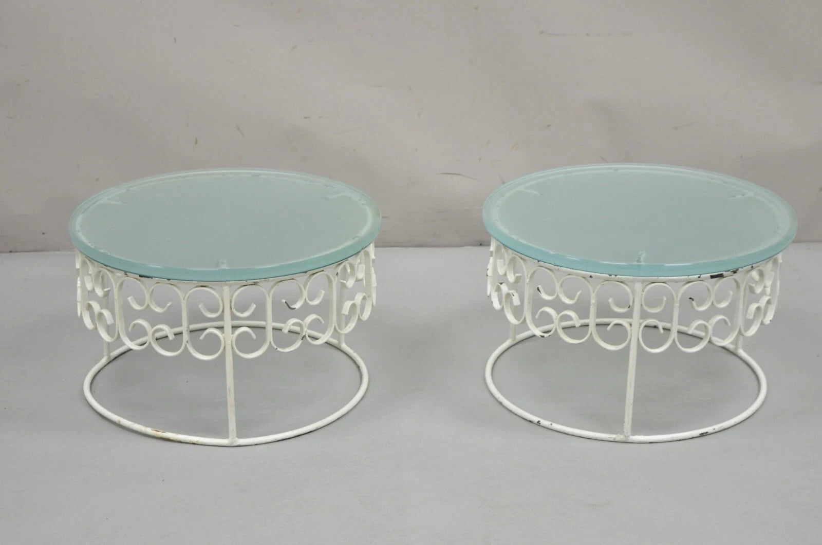 Vintage Arthur Umanoff Wrought Iron Scroll Low Round Glass Top Side Table - Pair