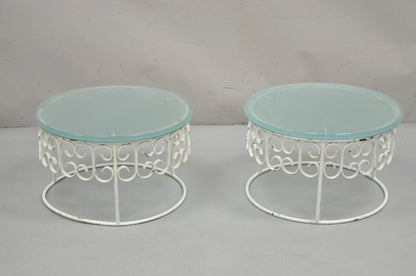 Vintage Arthur Umanoff Wrought Iron Scroll Low Round Glass Top Side Table - Pair