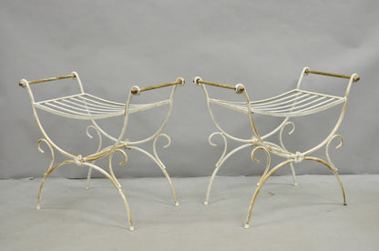 Vintage Italian Regency Wrought Iron & Brass Curule X Frame Stool - a Pair