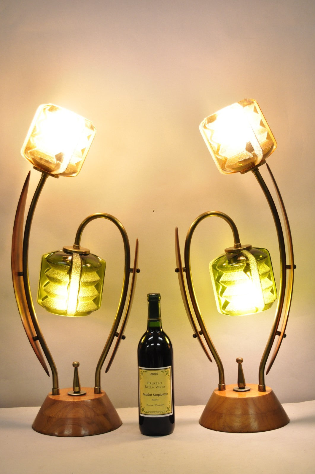Vintage Mid Century Modern Walnut Tulip Flower Glass Shade Table Lamps - a Pair