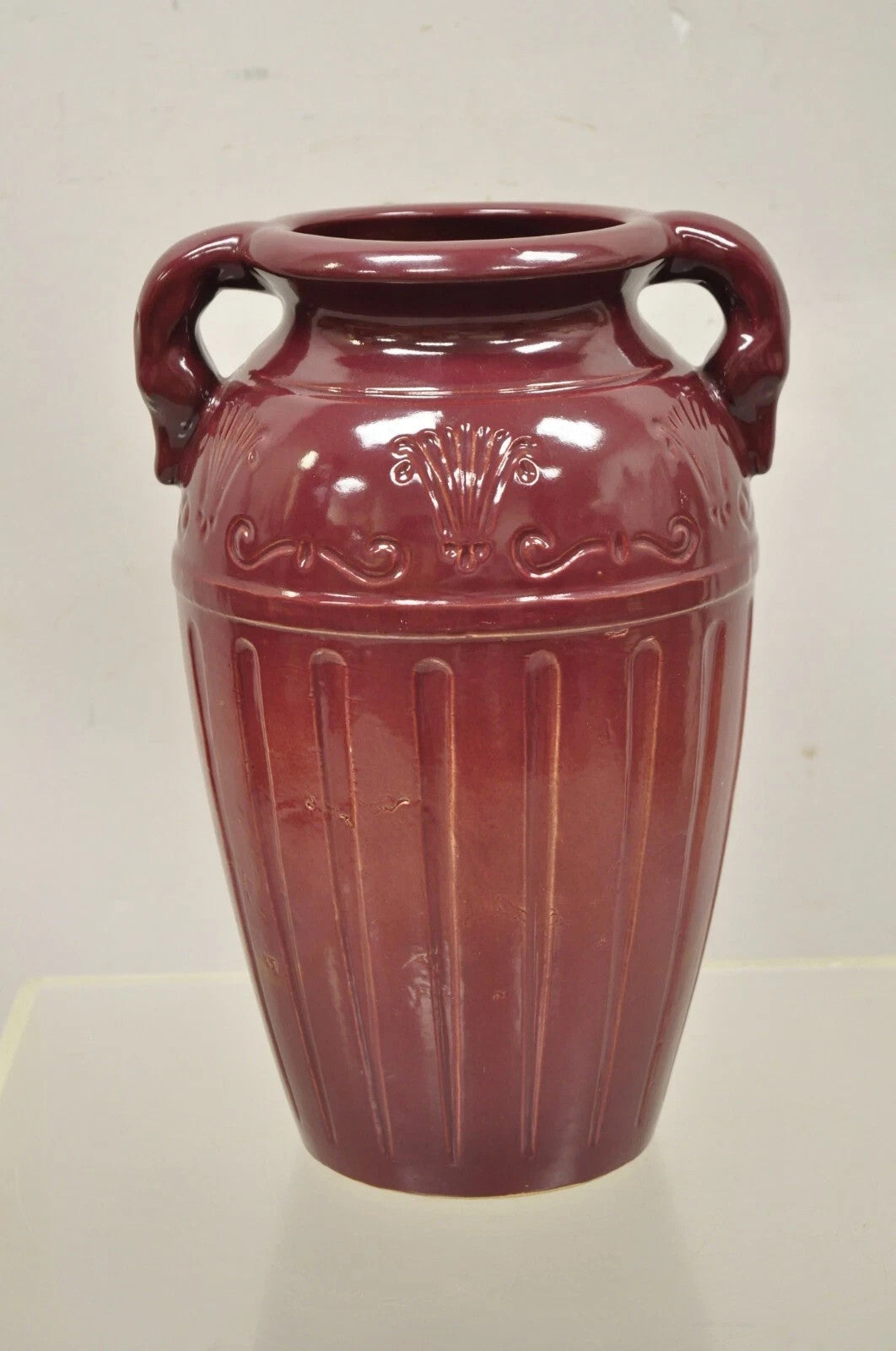 Antique R.R.P Co Roseville, OH Red Stoneware Twin Handle 14" Red Jug Vase Vessel