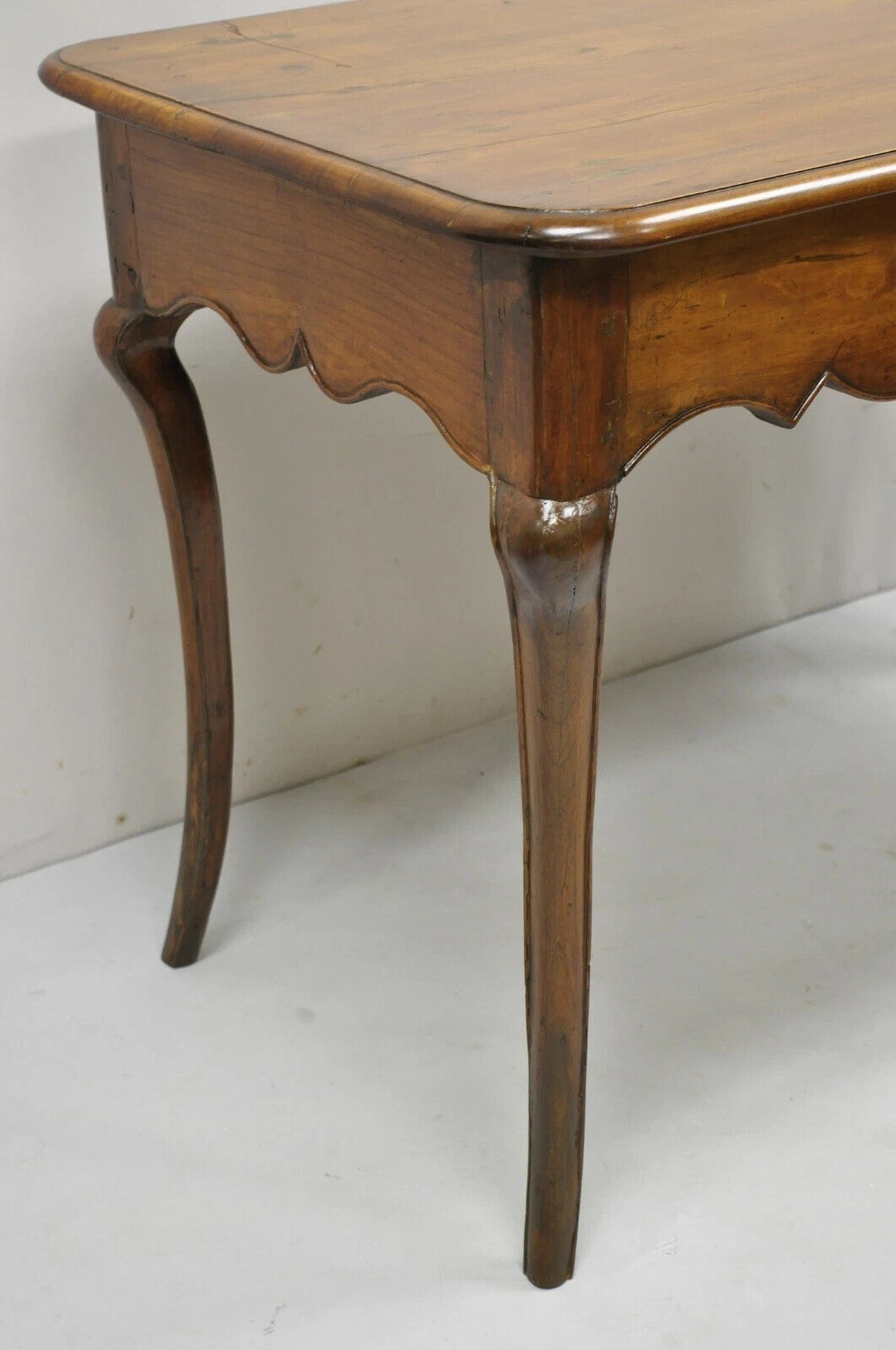 Antique French Provincial Carved Cherry Saber Leg Italian Desk Console Table