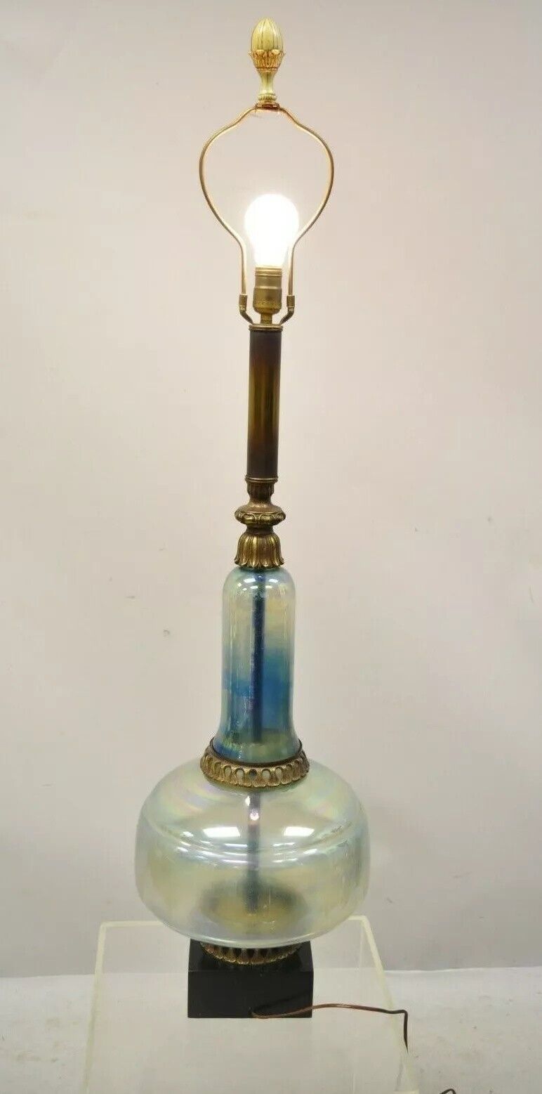 Vintage Mid Century Modern Italian Iridescent Blue Art Glass Tall Table Lamp