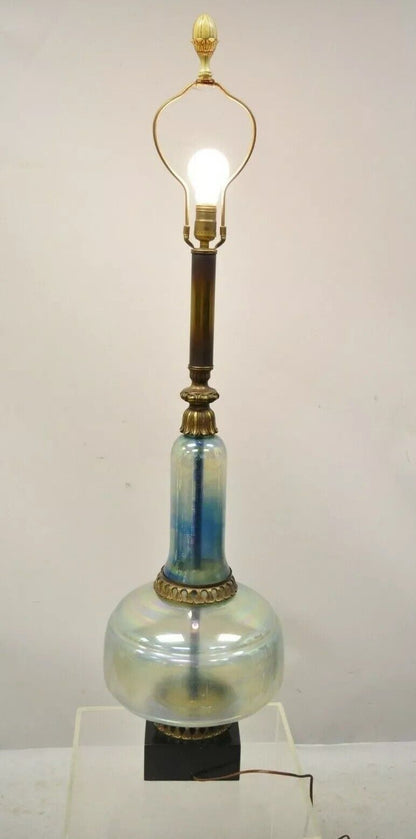 Vintage Mid Century Modern Italian Iridescent Blue Art Glass Tall Table Lamp