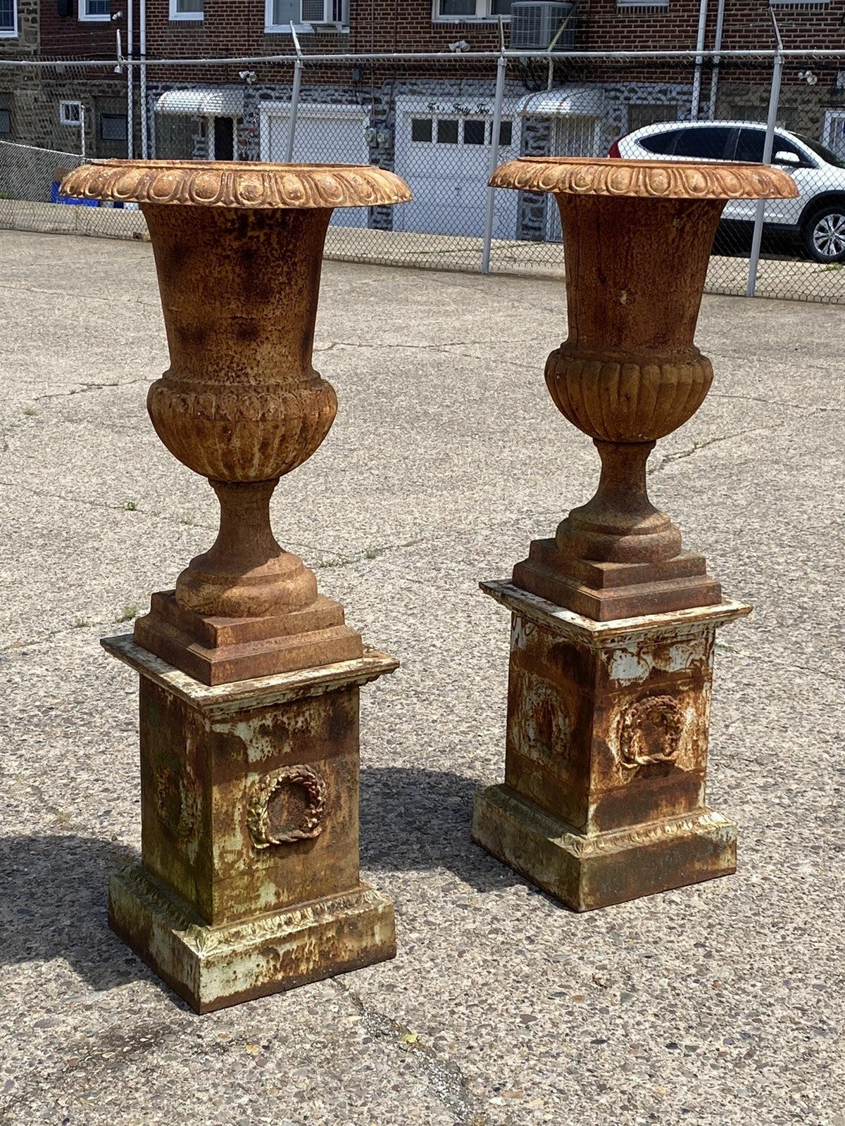 French Style 62" Cast Iron Campana Urn Outdoor Garden Planters on Pedestal, Pair