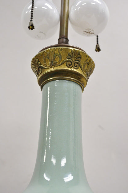 Antique French Celadon Green Bulbous Porcelain Table Lamp w/ Bronze Lion Ormolu