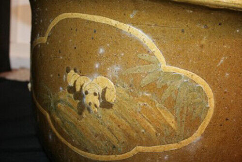 Chinese Chinoiserie Panda & Bamboo Pottery Jardiniere Garden Planter Flower Pot