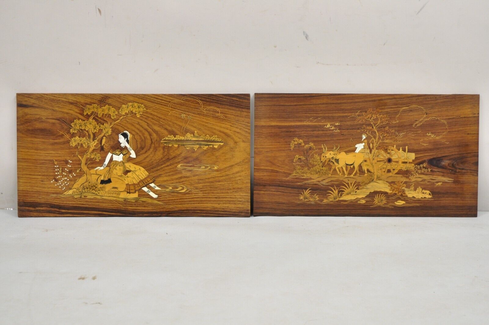 Vintage Indo Indian Marquetry & Bone Inlay Rosewood Panel Plaque - a Pair