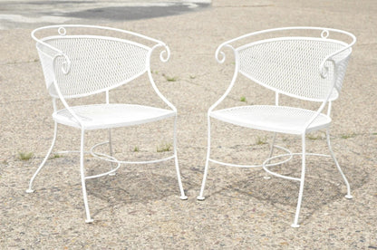 Vintage Hollywood Regency Scrolling Wrought Iron Barrel Back Patio Chairs Set 4