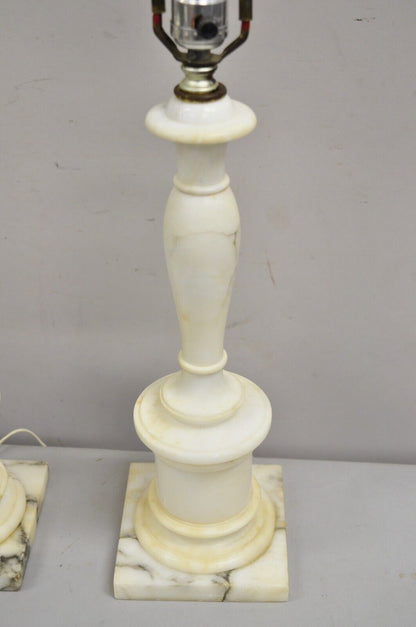 Vintage Italian Classical Carved White Marble Column Table Lamps - a Pair