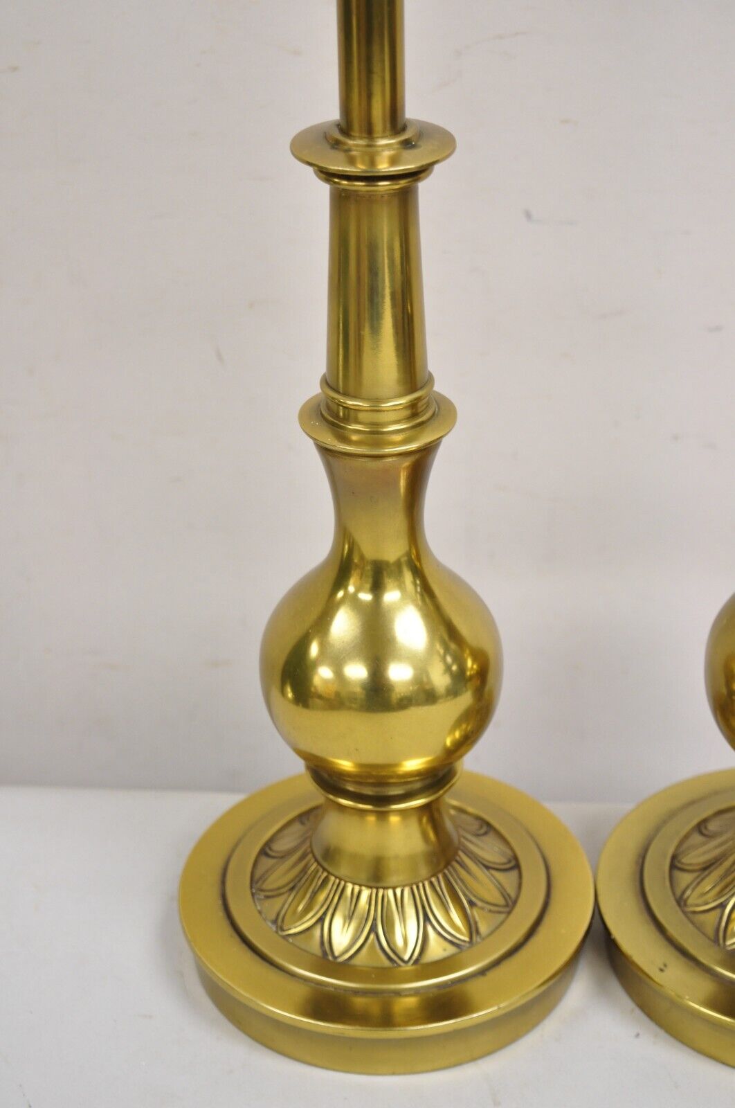 Vintage Stiffel Hollywood Regency Brass Bulbous Column Table Lamps - a Pair