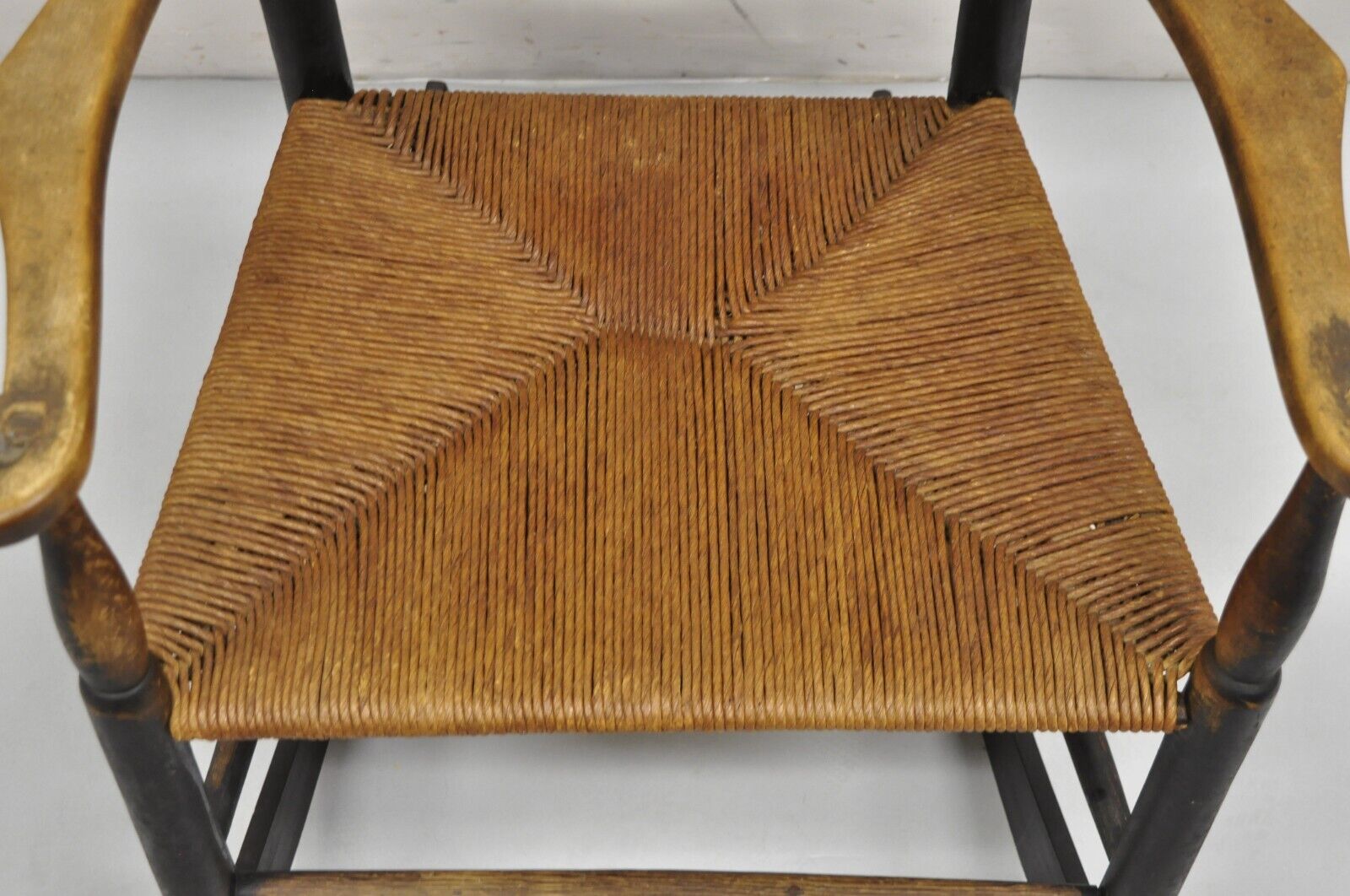 Antique American Primitive Shaker Ebonized Wood Rush Seat Rocker Rocking Chair