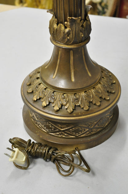 Antique French Empire Patinated Bronze Corinthian Column Candlestick Table Lamp