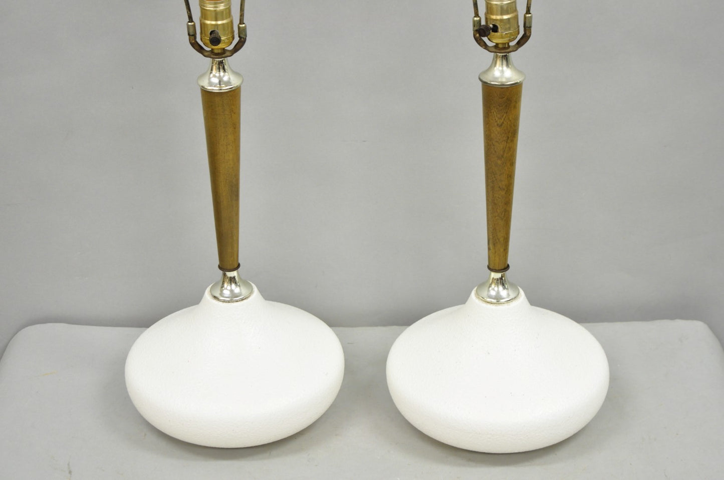 Mid Century Modern Atomic Era Sculpted Wood White Ceramic Table Lamps - a Pair