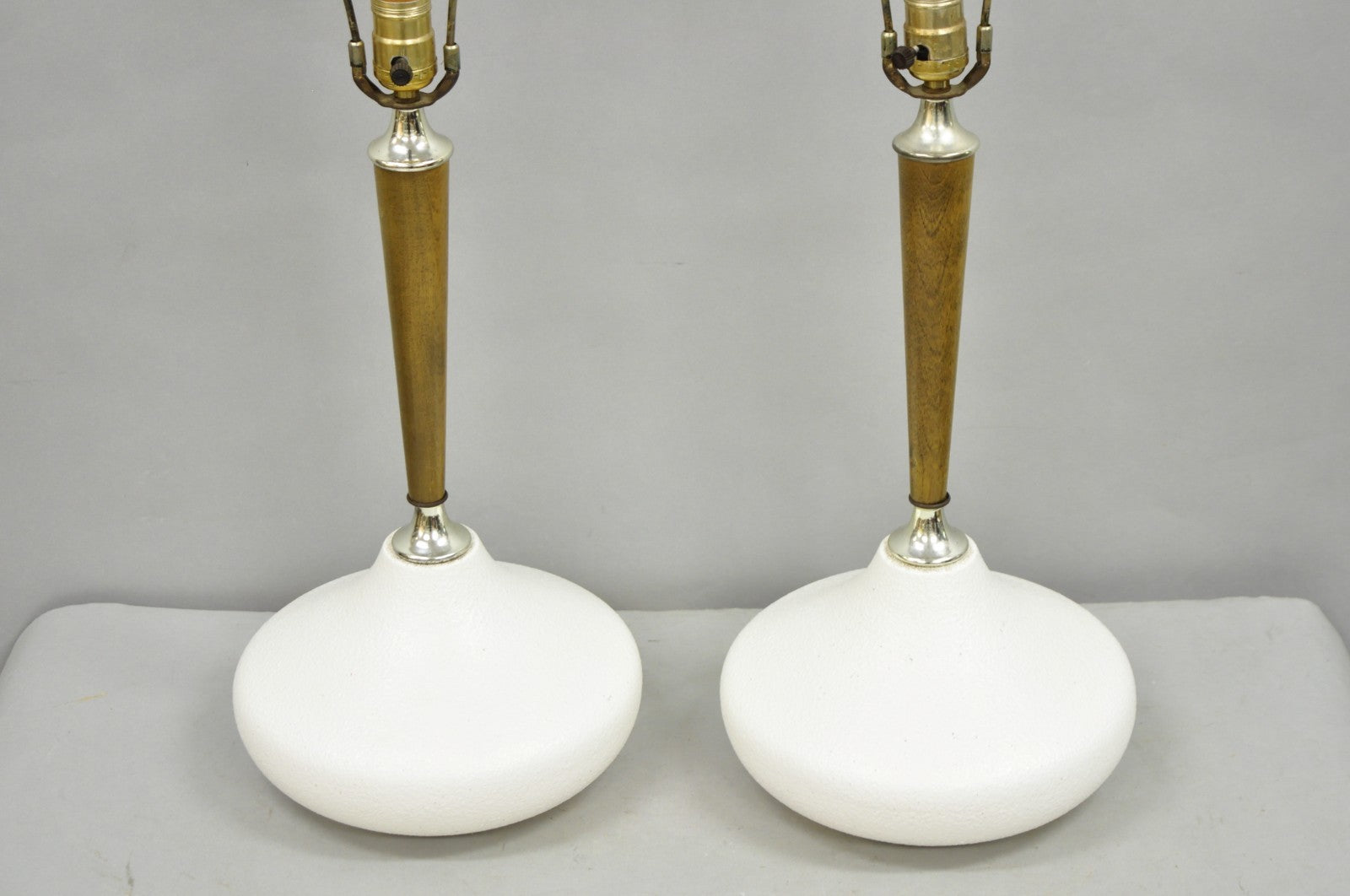Mid Century Modern Atomic Era Sculpted Wood White Ceramic Table Lamps - a Pair