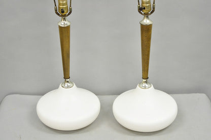 Mid Century Modern Atomic Era Sculpted Wood White Ceramic Table Lamps - a Pair