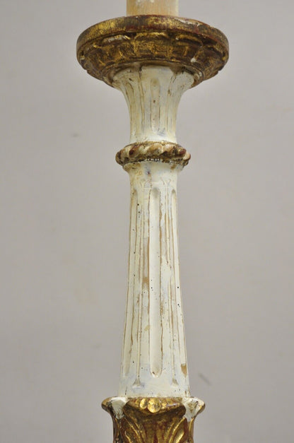 Antique Italian Neoclassical Carved Gold Giltwood White Candlestick Table Lamp