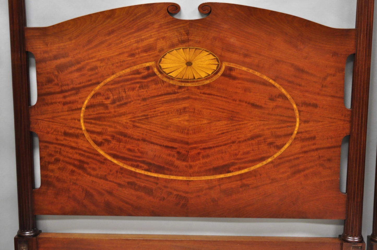 Antique Sheraton Federal Pinwheel Inlay Mahogany 4 Poster Twin Bed Frame - Pair