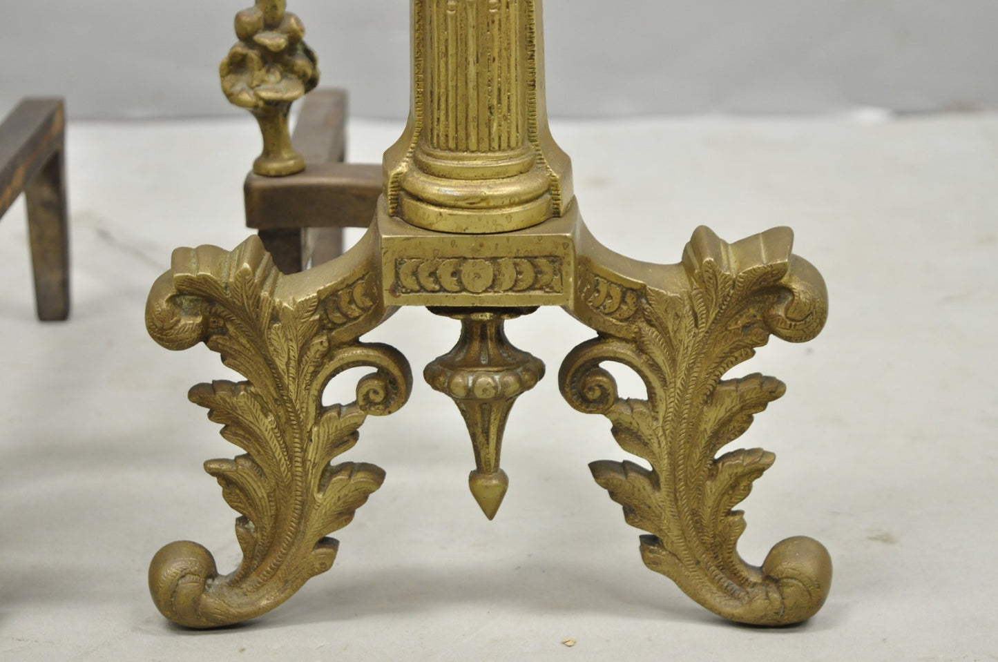 Antique French Empire Style Bronze Corinthian Column Fireplace Andirons - a Pair