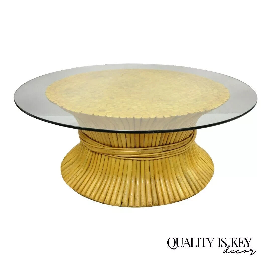 Hollywood Regency McGuire Style Sheaf of Wheat Bamboo 48" Glass Coffee Table