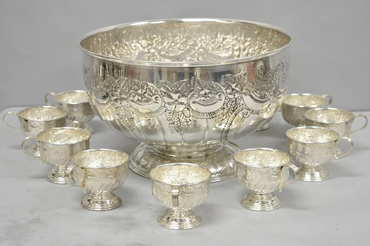 Vintage English Sheffield Kentshire Silver Plated Punch Bowl Set w 12 Footed Cup