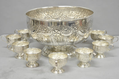 Vintage English Sheffield Kentshire Silver Plated Punch Bowl Set w 12 Footed Cup