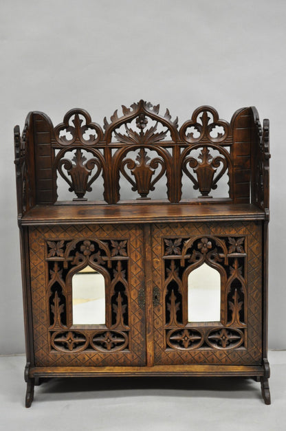 Antique Gothic Arts & Crafts Black Forest Walnut Carved Small Wall Curio Cabinet