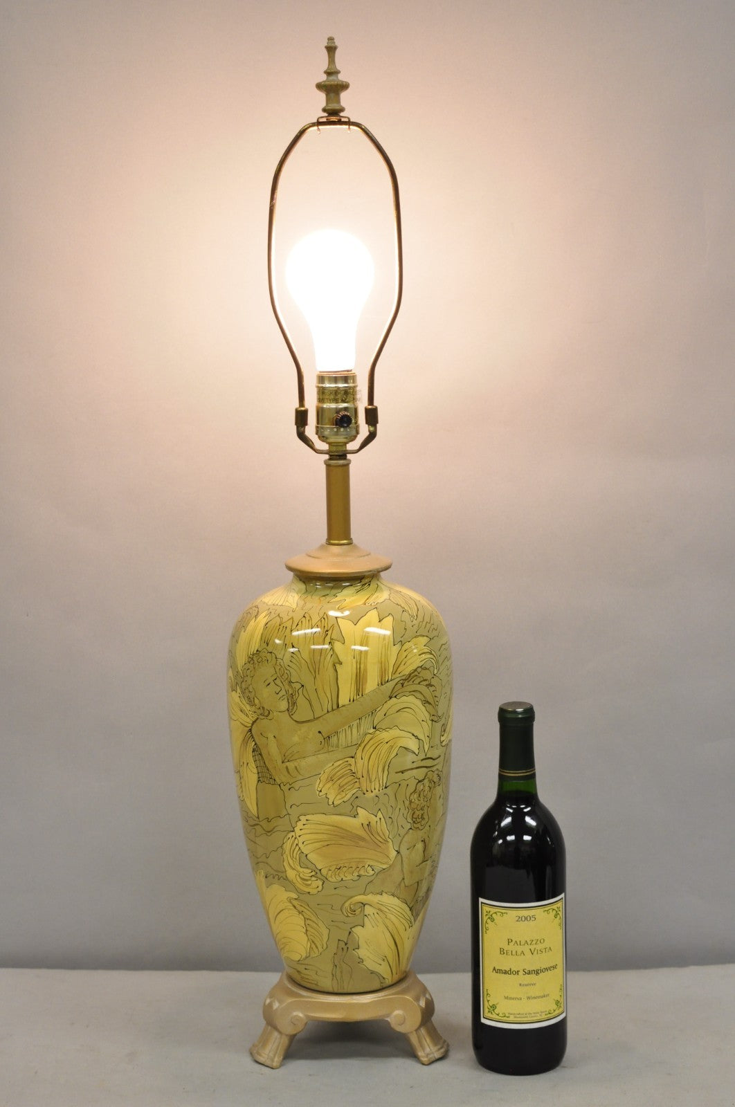 Contemporary Art Nouveau Revival Yellow Glass Jardiniere Table Lamp w/ Figures
