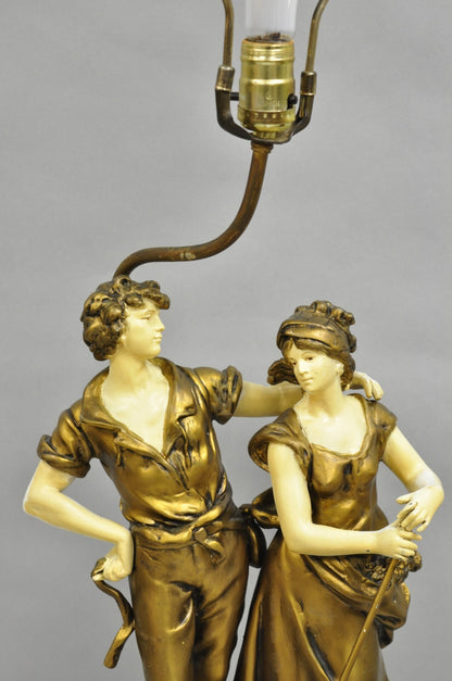 Antique French Renaissance Moreau Figural Metal Table Lamp, Wife & Farmer