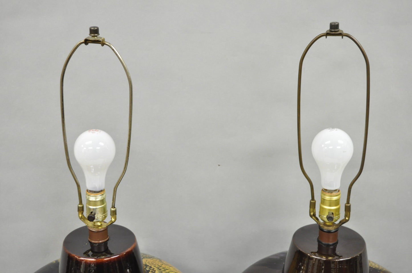 Mid Century Modern Ram Brown Drip Glaze Pottery Table Lamps by Sunset Cosco Pair