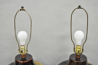 Mid Century Modern Ram Brown Drip Glaze Pottery Table Lamps by Sunset Cosco Pair