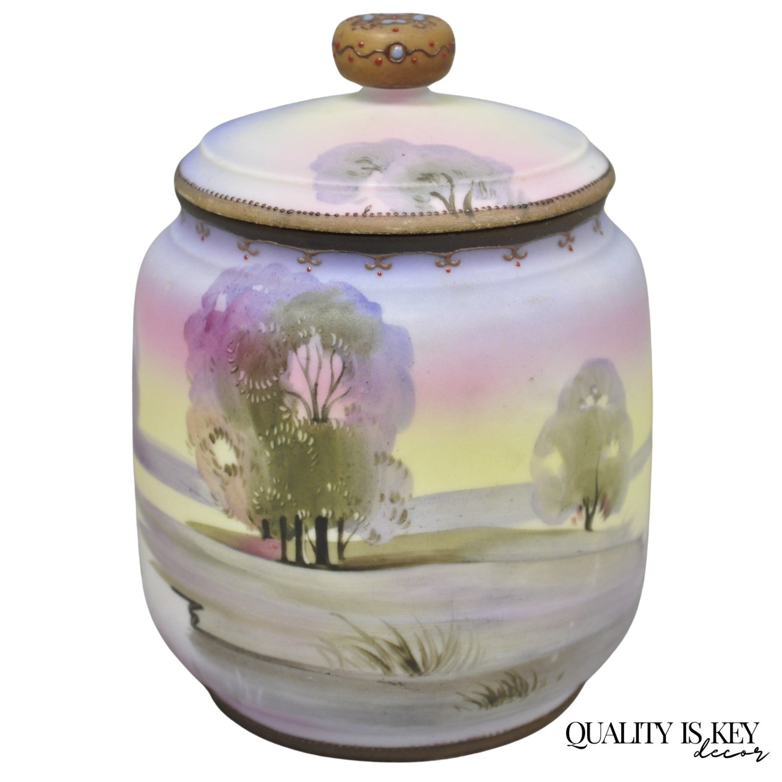 Antique Nippon Hand Painted Porcelain Countryside Lake Scene Covered Biscuit Jar