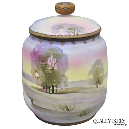 Antique Nippon Hand Painted Porcelain Countryside Lake Scene Covered Biscuit Jar