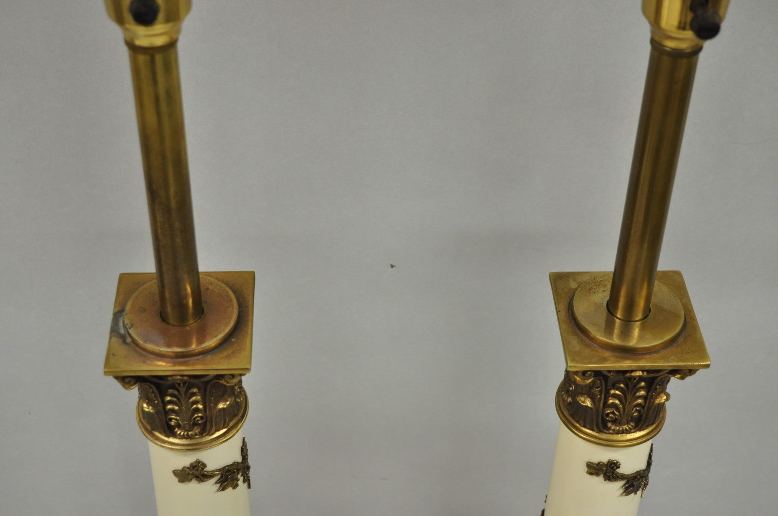 Vintage Stiffel Neoclassical Tall White Enamel Column Brass Table Lamps - a Pair