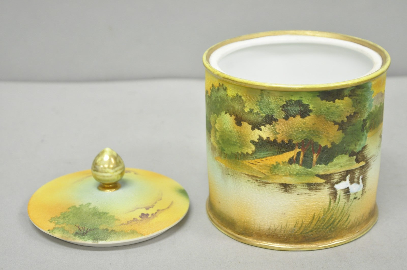 Antique Nippon Hand Painted Coralene Porcelain Lake Duck Scene Biscuit Jar