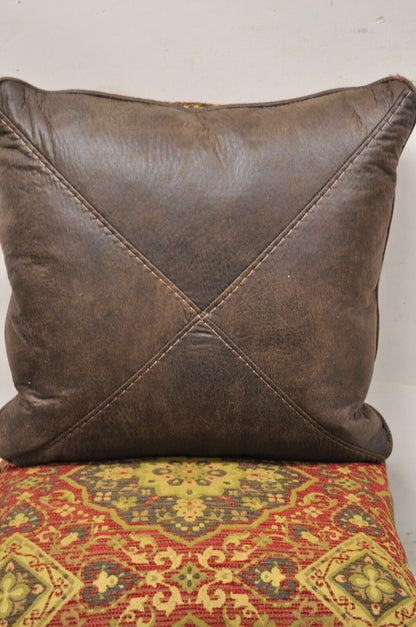 4 Contemporary Mediterranean Style Red and Brown Tapestry Faux Leather Pillows