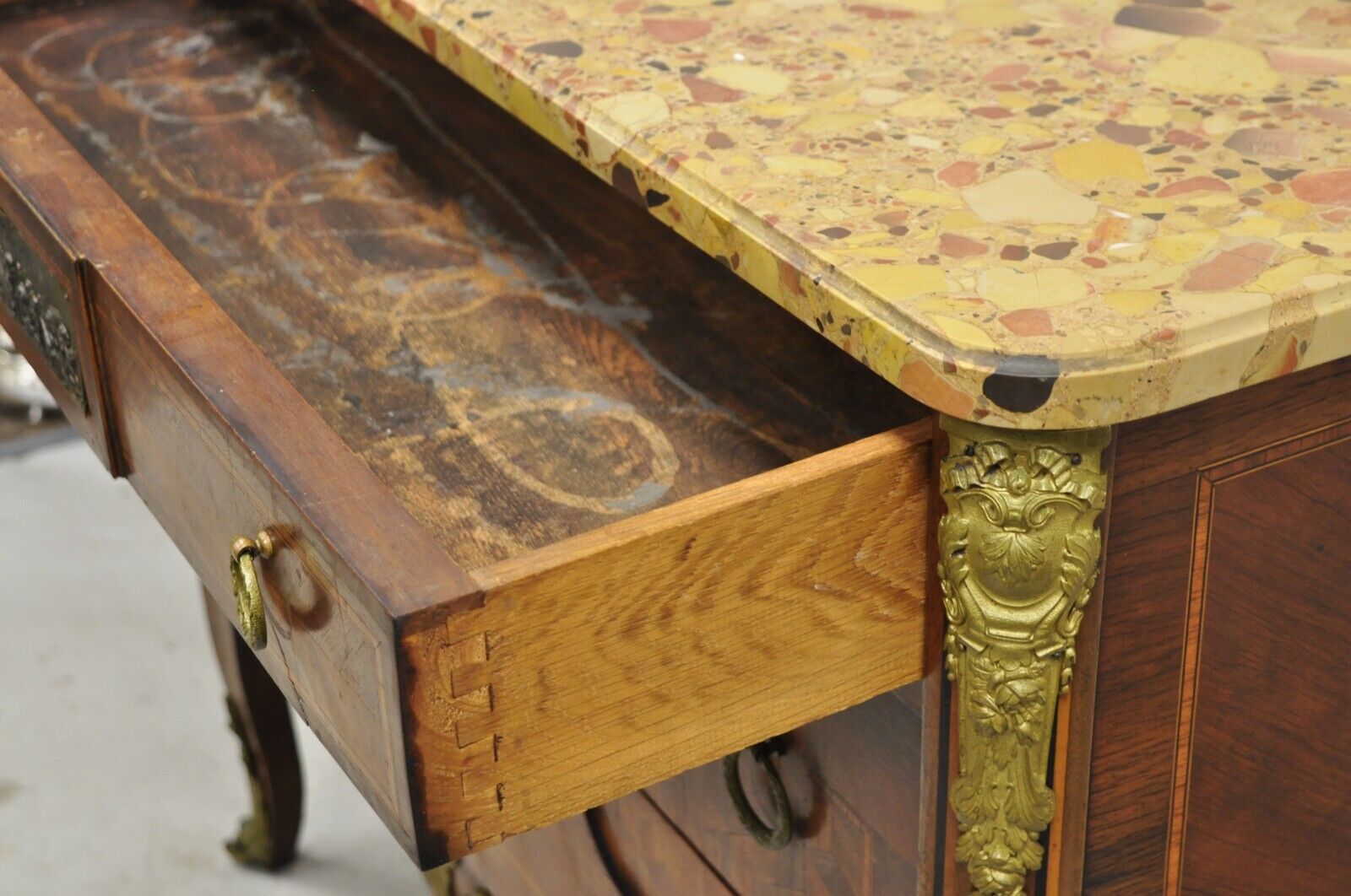 Antique French Louis XV Marquetry Inlay Marble Top Bronze Ormolu Commode Dresser