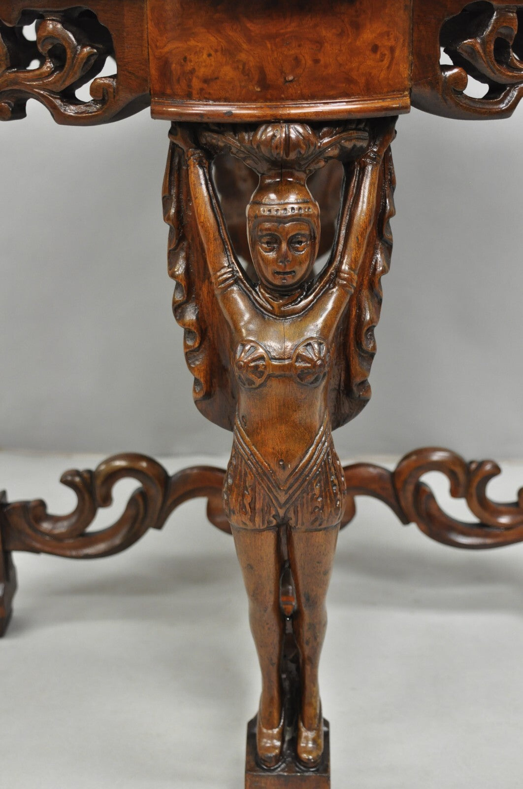Antique French Renaissance Carved Female Dancer Walnut Display Tray Coffee Table