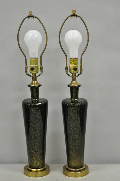 Vintage Mid Century Modern Black Glass w/ Gold Speckles Urn Table Lamps - a Pair