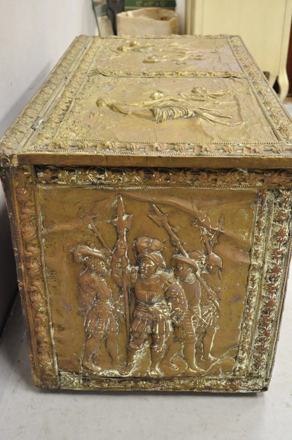 Antique English Victorian Brass Figural Repousse Coal Bin Storage Blanket Chest