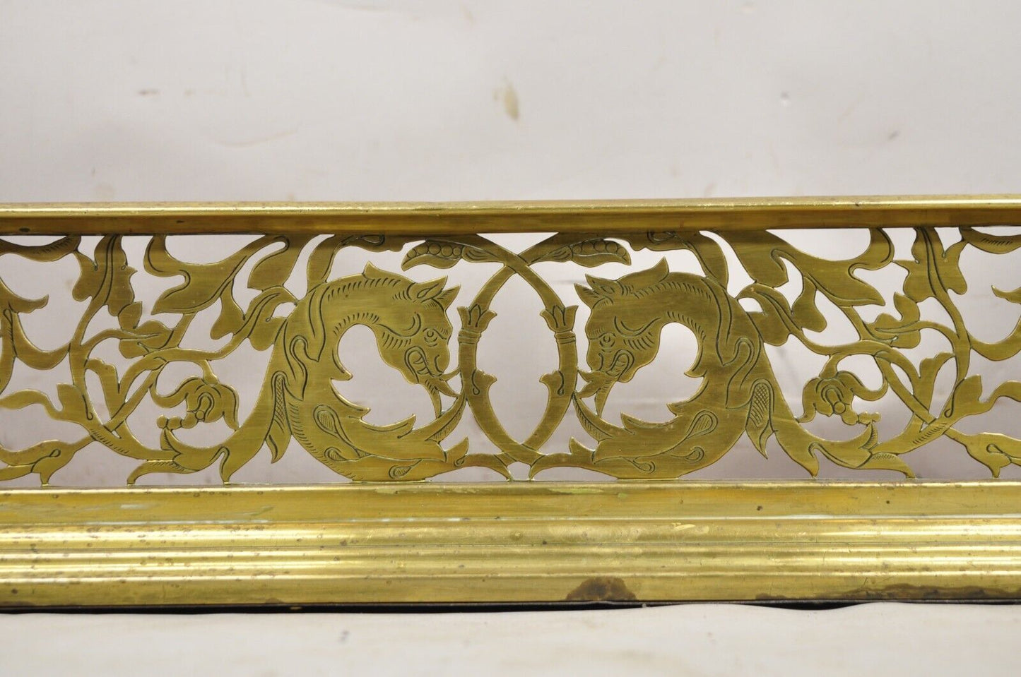 Antique French Renaissance Brass Figural Griffin 52" Fireplace Surround Fender