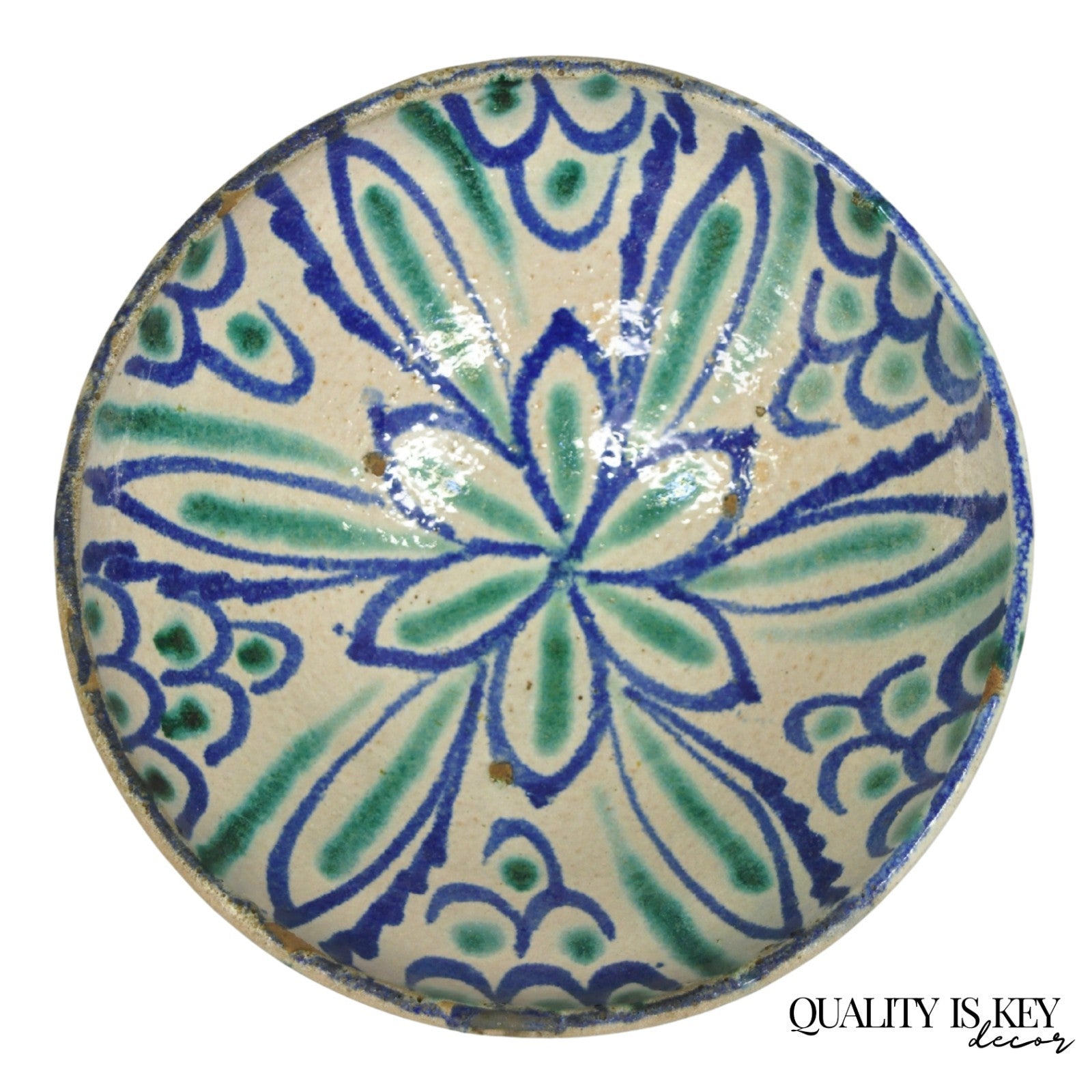 Antique Fajalauza Enamel Spanish Terracotta Pottery Blue Green Painted Bowl