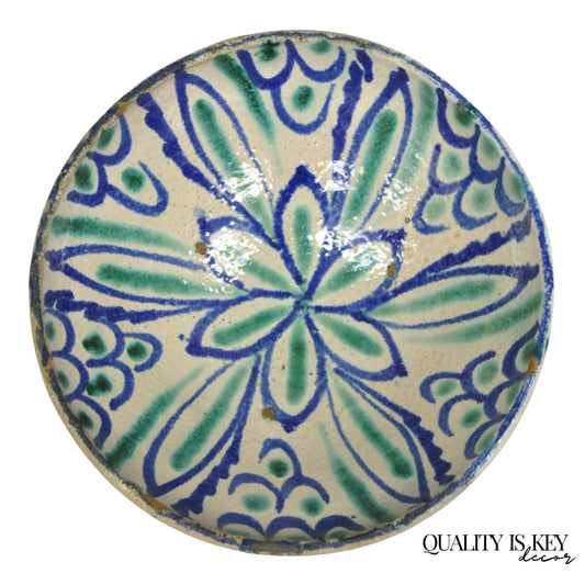 Antique Fajalauza Enamel Spanish Terracotta Pottery Blue Green Painted Bowl