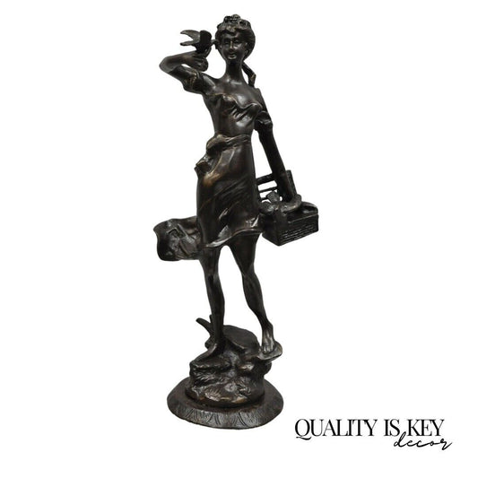 Bronze Sculpture Woman w/ Birds & Basket 15" Statue Figure After Emile Guillemin